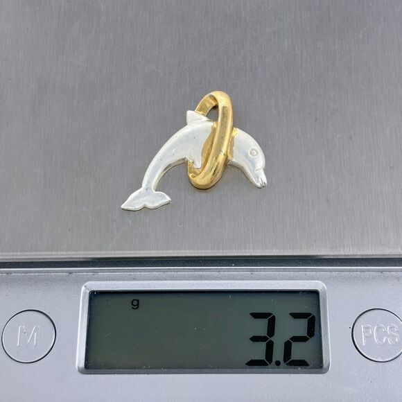 Vintage FAS Sterling Silver 925 Dolphin Jumping Through A Gold Tone Hoop Pendant - Picture 6 of 7